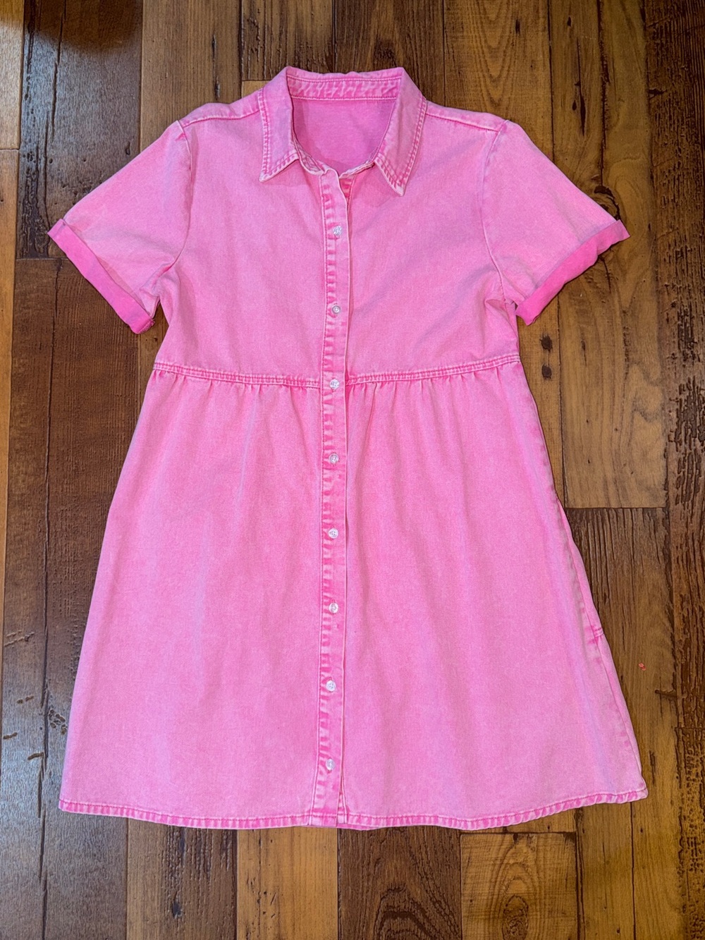 NWOT- Women’s Casual Short Sleeve Pink Tiered Denim Babydoll Dress- Medium - Picture 6 of 11